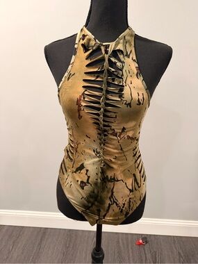 SHEIN Olive & Tan Camo Cutout Halter Bodysuit